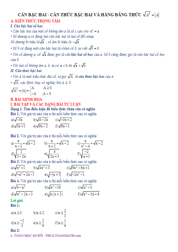 Chuyên đề căn bậc hai, căn thức bậc hai và hằng đẳng thức $sqrt A2   left A right$